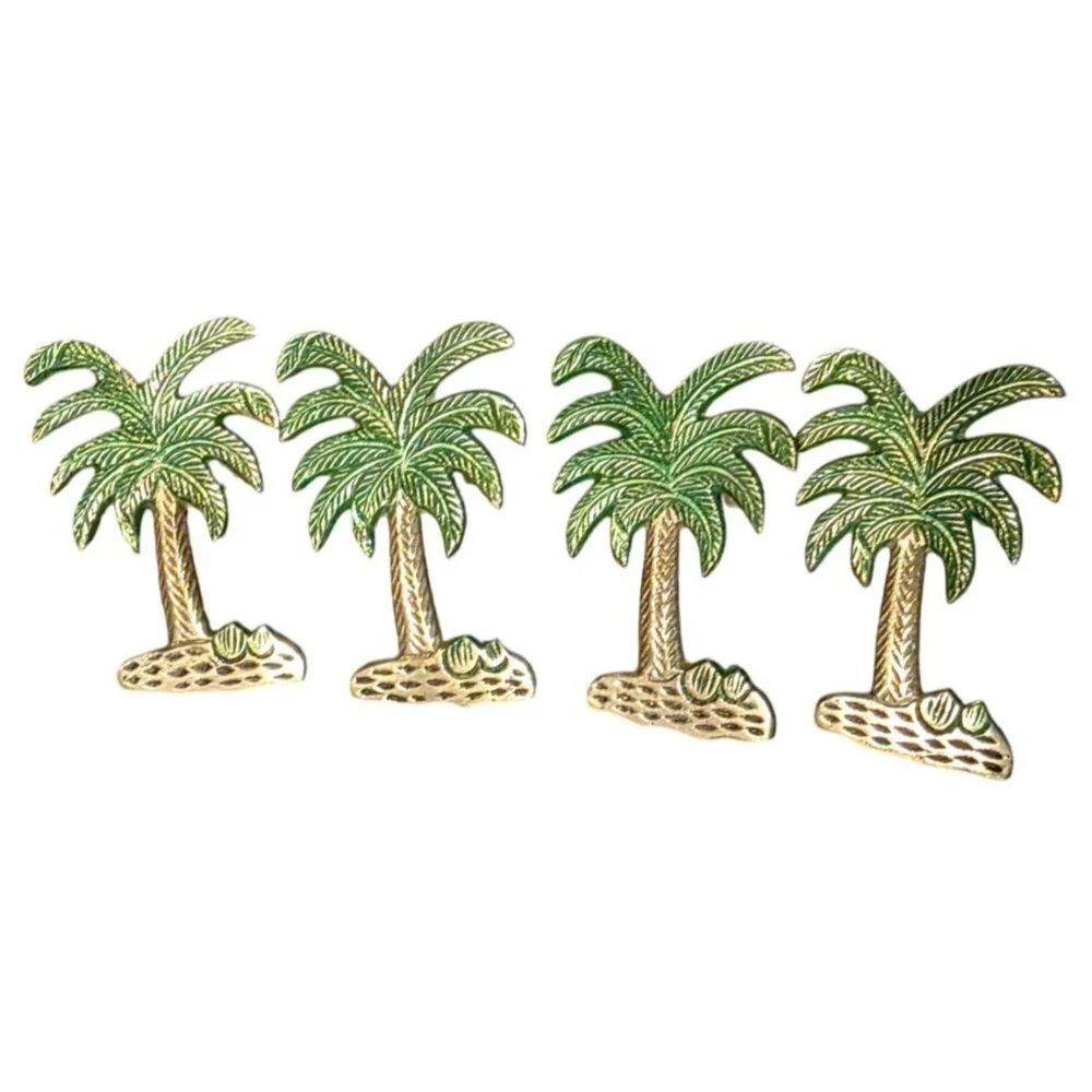 4 Napkin‎ Rings Brass Palm Tree Green Enamel Tropical Jungle